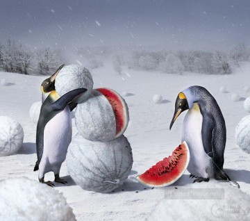 Pinguins und Wassermelone fantastische Ölgemälde